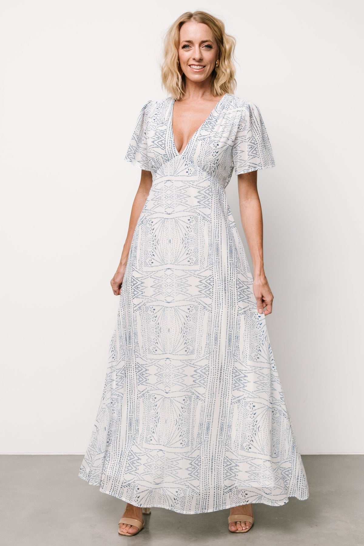 Side profile of Skyla Deep V Maxi Dress showing empire waist detail, elastic at back waist and hidden left-side zipper, blue print on chiffon.