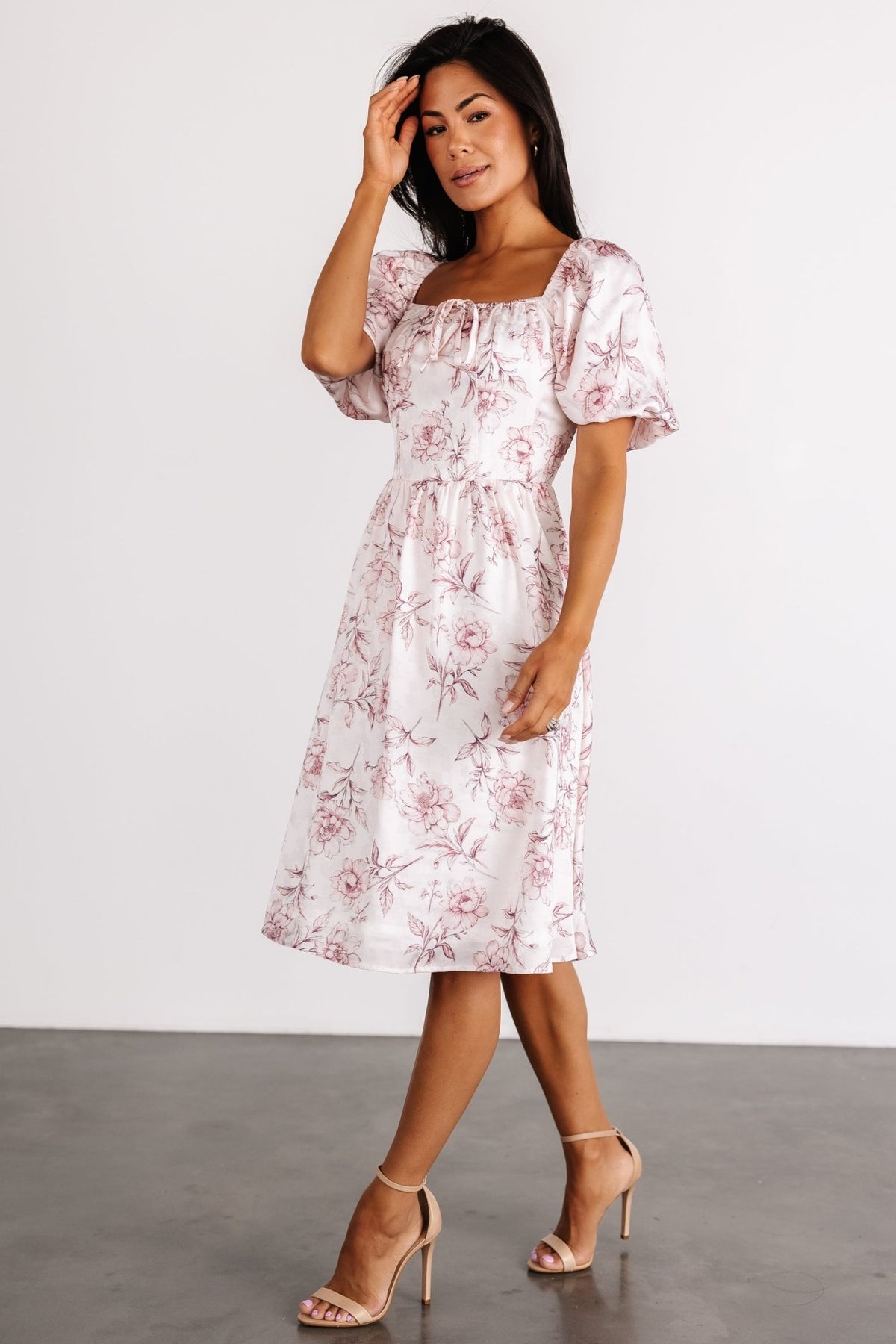 Close-up of the bust area showing square neckline, faux tie detail and elasticized shoulder for the Sonnet Short Dress in blush floral.