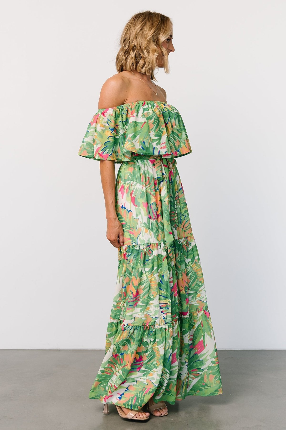 Close-up of tropical print and fabric texture on Sonoma dress, highlighting bright multicolor foliage and lightweight polyester weave.