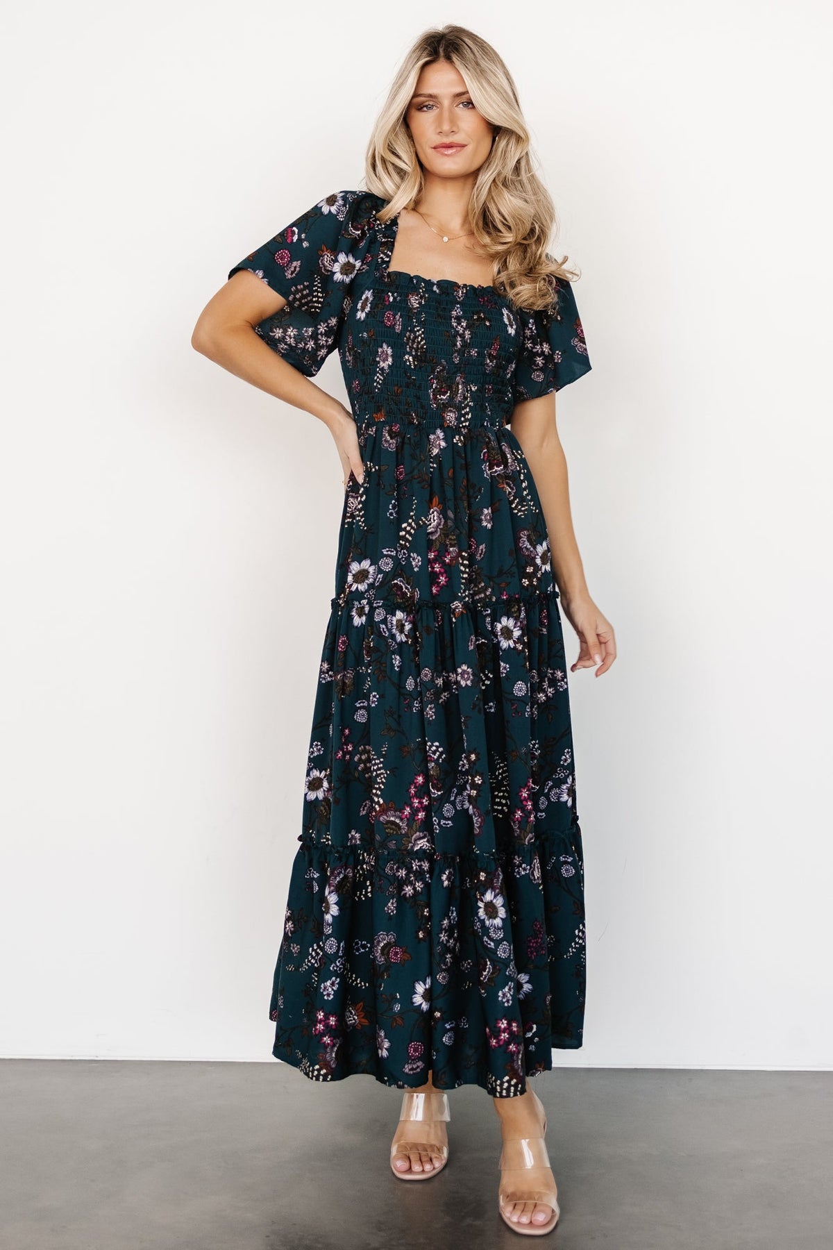 Detail shot of smocked bodice and square neckline on jade blossom Southampton maxi dress, highlighting floral print and flutter sleeve ruffle.