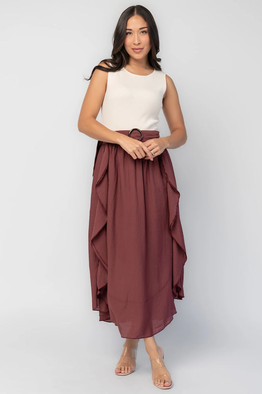Stacy Midi Dress in Ivory + Mahogany with ribbed knit bodice, scoop neckline, waist sash, and flowing midi skirt.