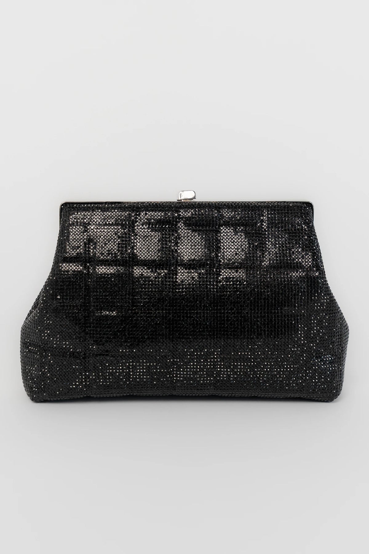 Starlight Evening Clutch Bag with black rhinestones, structured silhouette, clasp closure, and detachable chain strap.