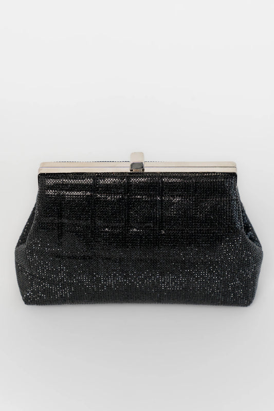 Starlight Evening Clutch Bag with black rhinestones, structured silhouette, clasp closure, and detachable chain strap.