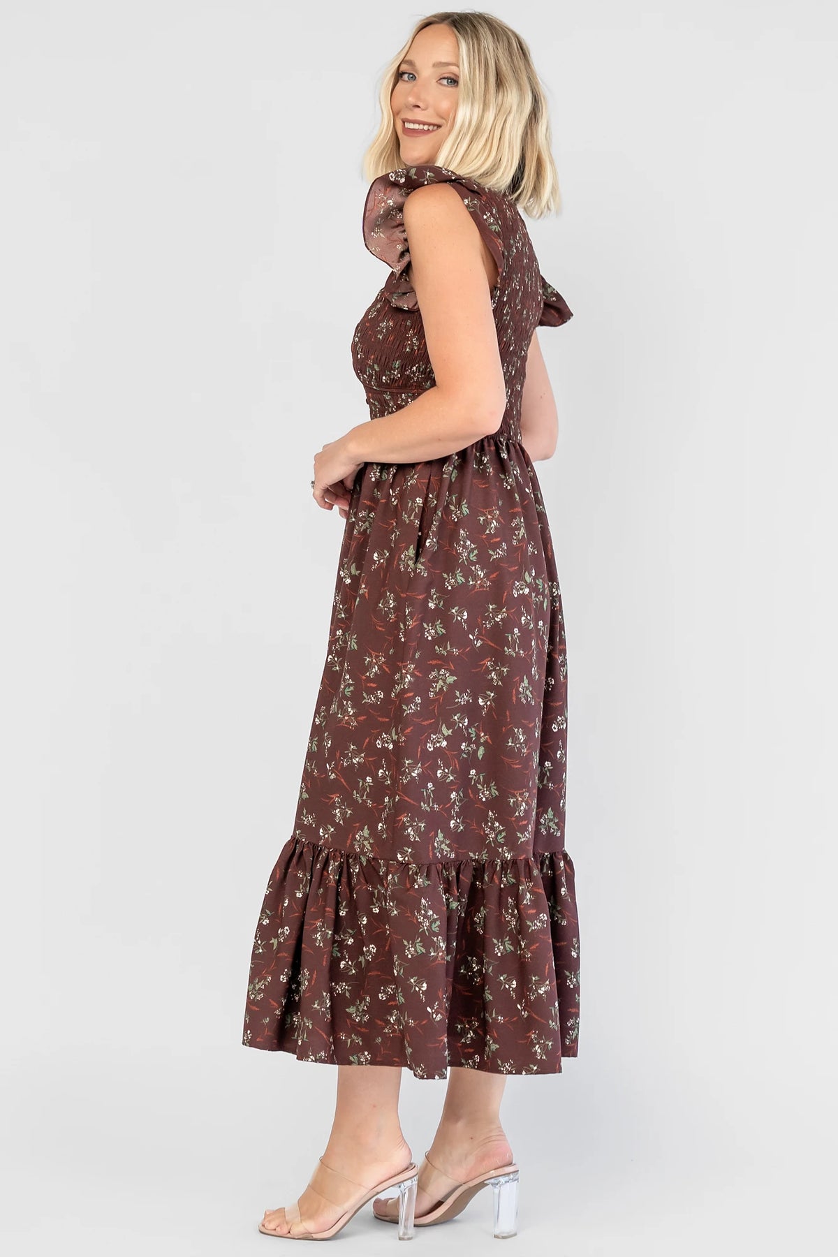 Tilly Smocked Dress in Dark Clove Floral with a V-neckline, flutter sleeves, and a smocked empire bodice.