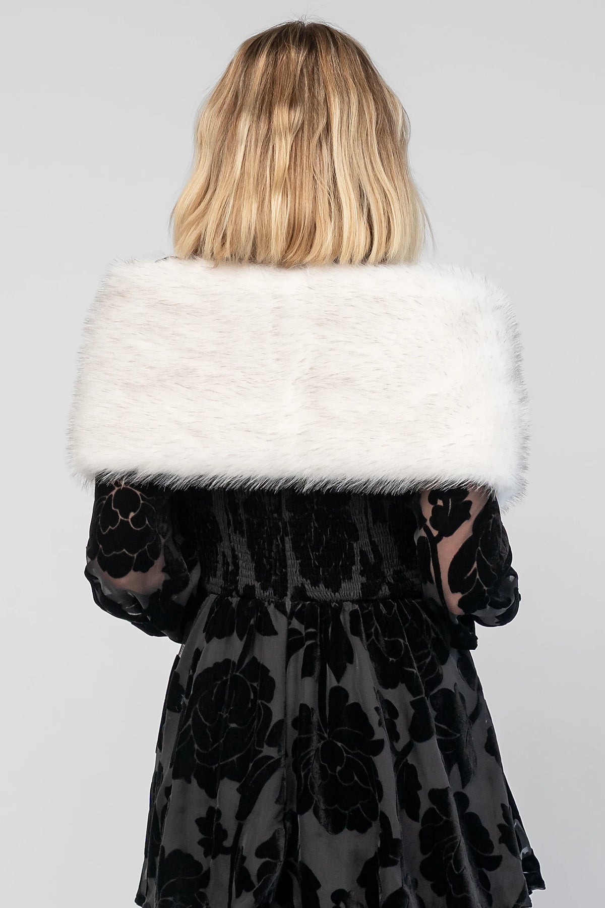 Torino Faux Fur Shawl in Pearl Gray with a soft faux fur finish and an elegant oversized draping silhouette.