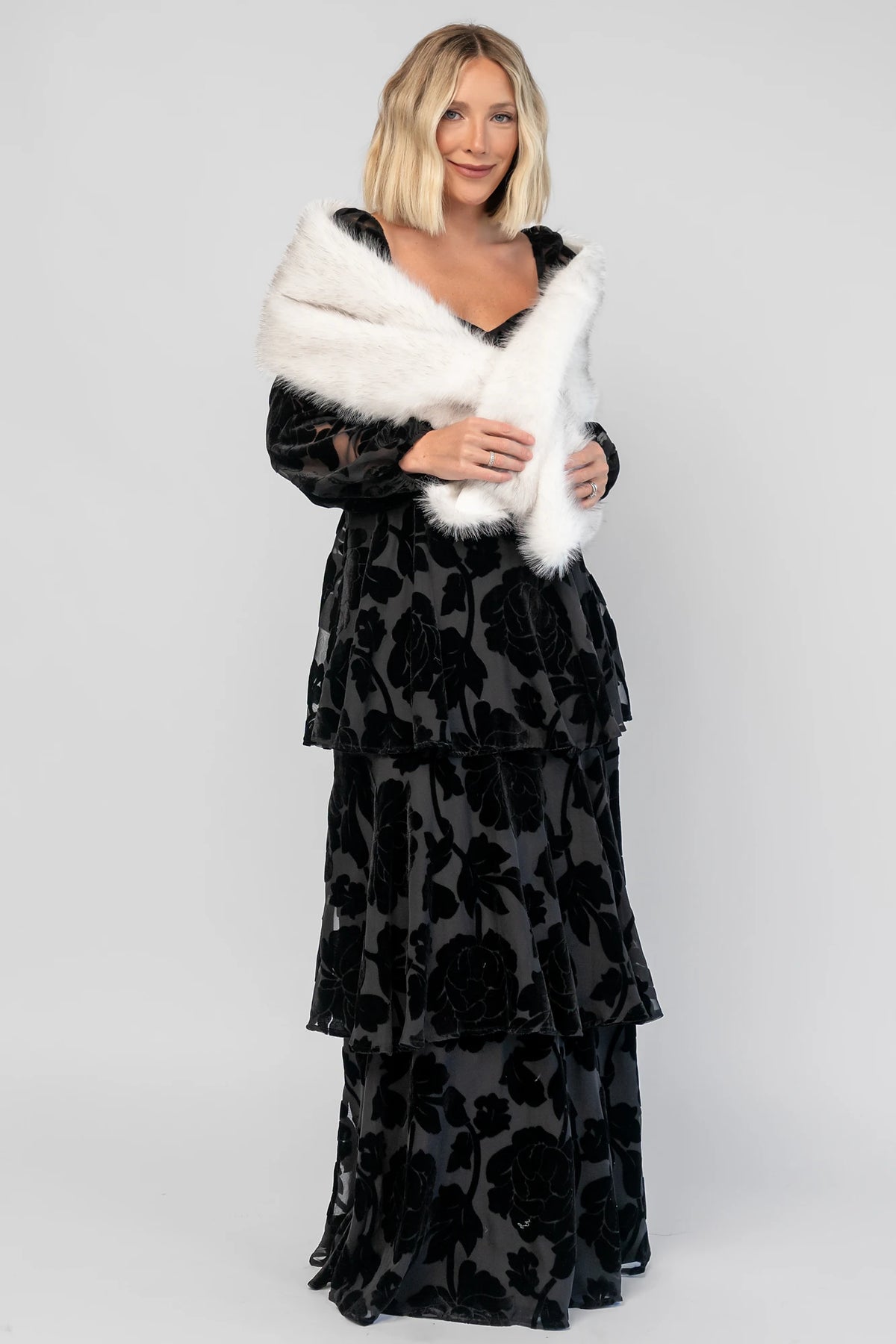 Torino Faux Fur Shawl in Pearl Gray with a soft faux fur finish and an elegant oversized draping silhouette.