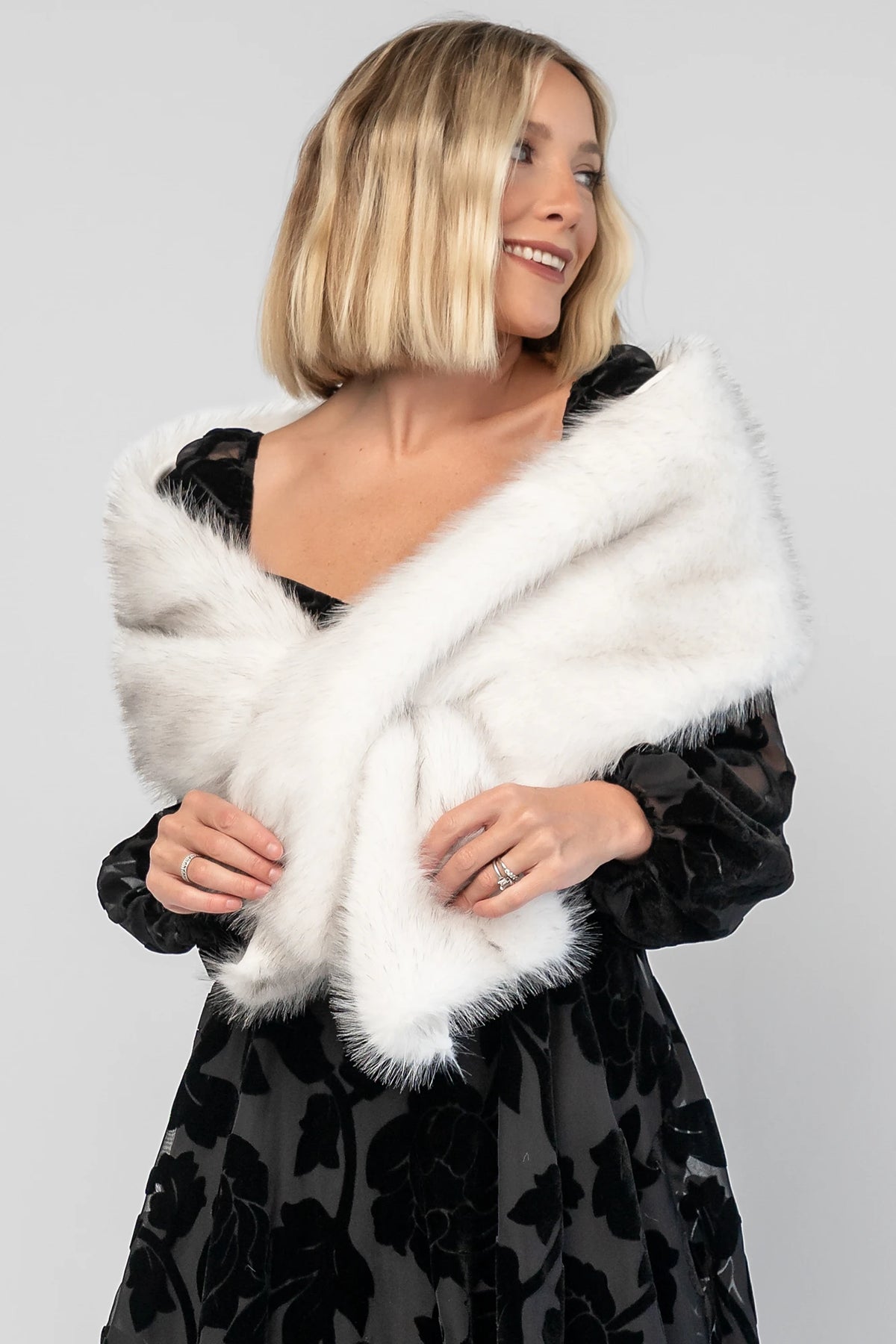 Torino Faux Fur Shawl in Pearl Gray with a soft faux fur finish and an elegant oversized draping silhouette.