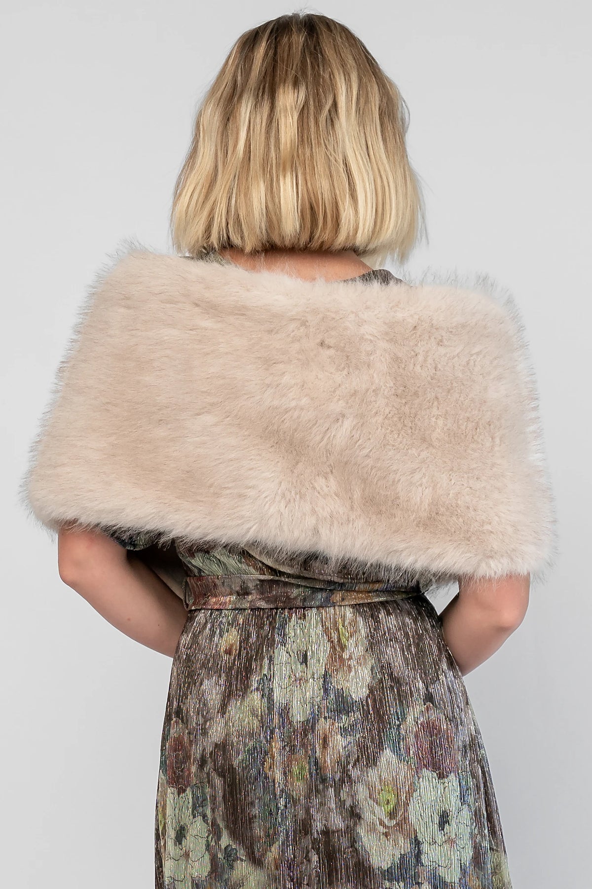 Torino Faux Fur Shawl in Warm Taupe with a soft faux fur finish and an elegant oversized draping silhouette.