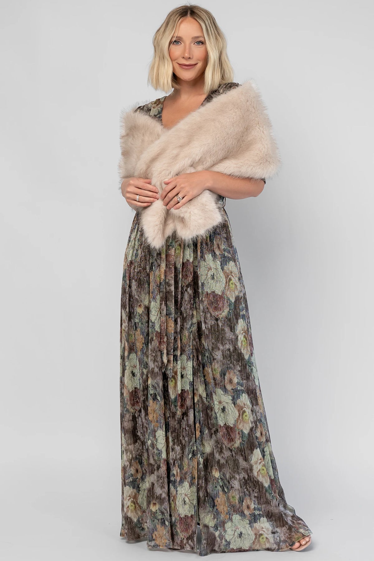 Torino Faux Fur Shawl in Warm Taupe with a soft faux fur finish and an elegant oversized draping silhouette.