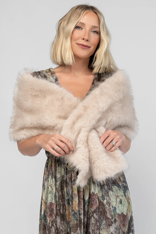 Torino Faux Fur Shawl in Warm Taupe with a soft faux fur finish and an elegant oversized draping silhouette.