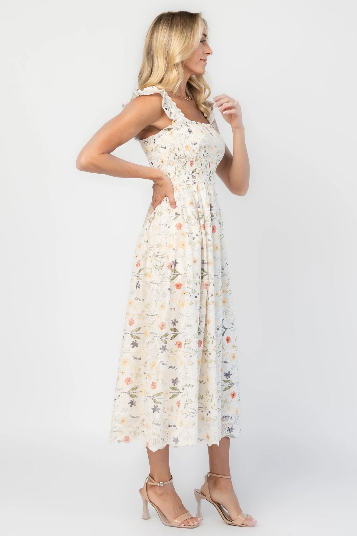 Tulia Lace Midi Dress in Cream Floral with square neckline, smocked bodice, and ruffle straps.