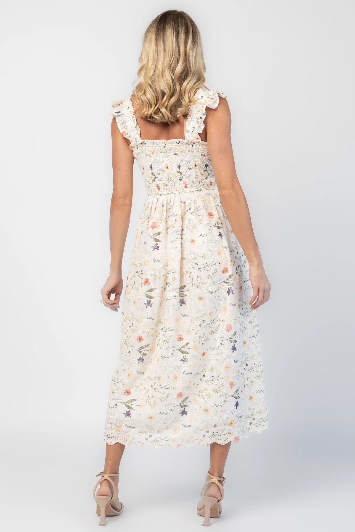 Tulia Lace Midi Dress in Cream Floral with square neckline, smocked bodice, and ruffle straps.
