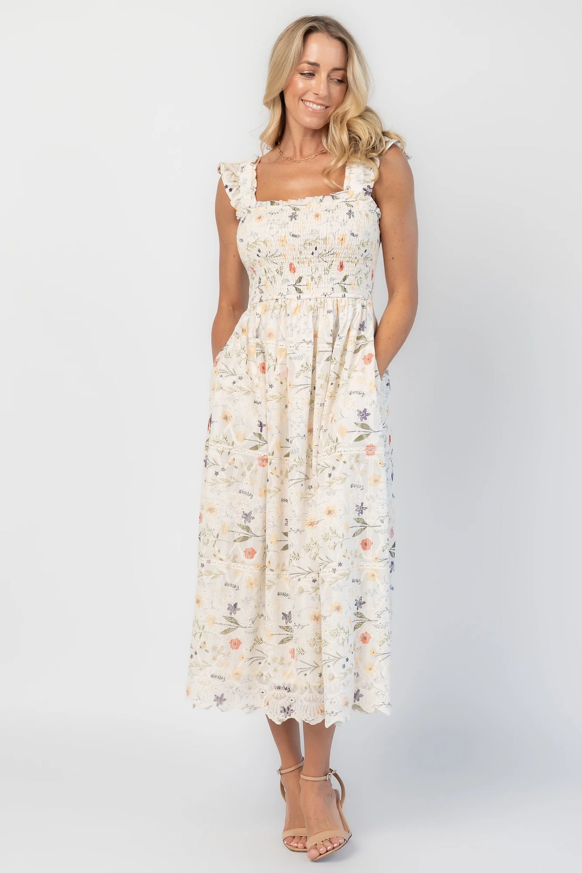 Tulia Lace Midi Dress in Cream Floral with square neckline, smocked bodice, and ruffle straps.