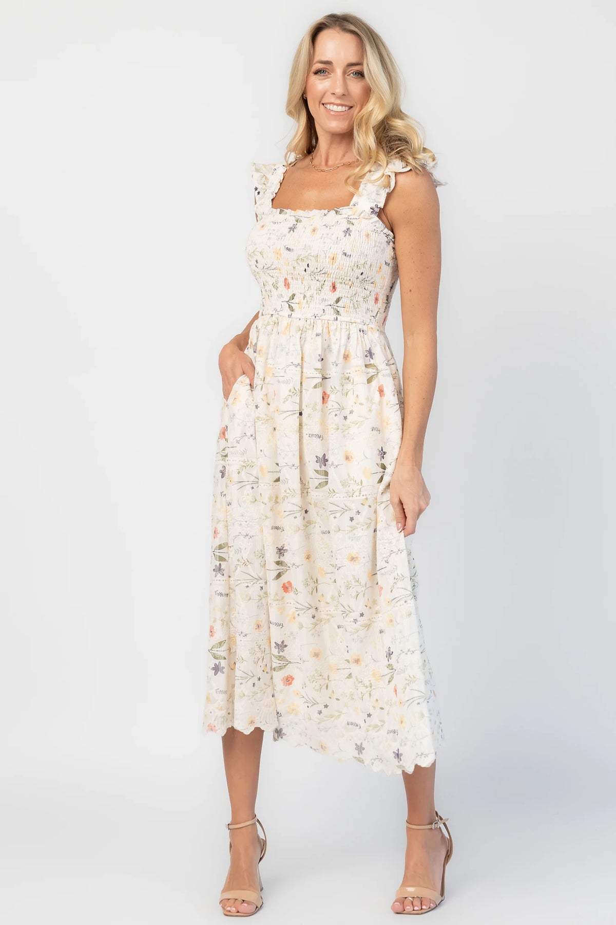 Tulia Lace Midi Dress in Cream Floral with square neckline, smocked bodice, and ruffle straps.