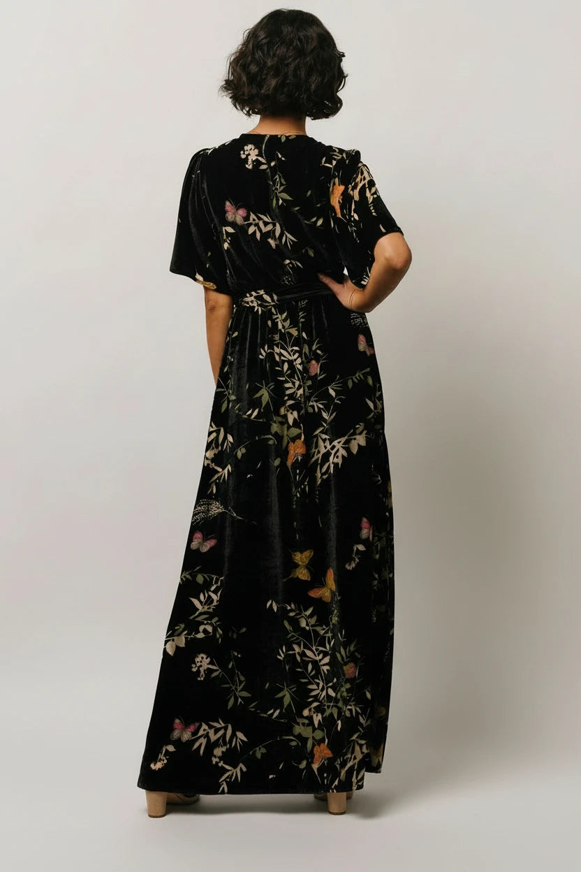 Uma Velvet Maxi Dress | Black Butterfly Print