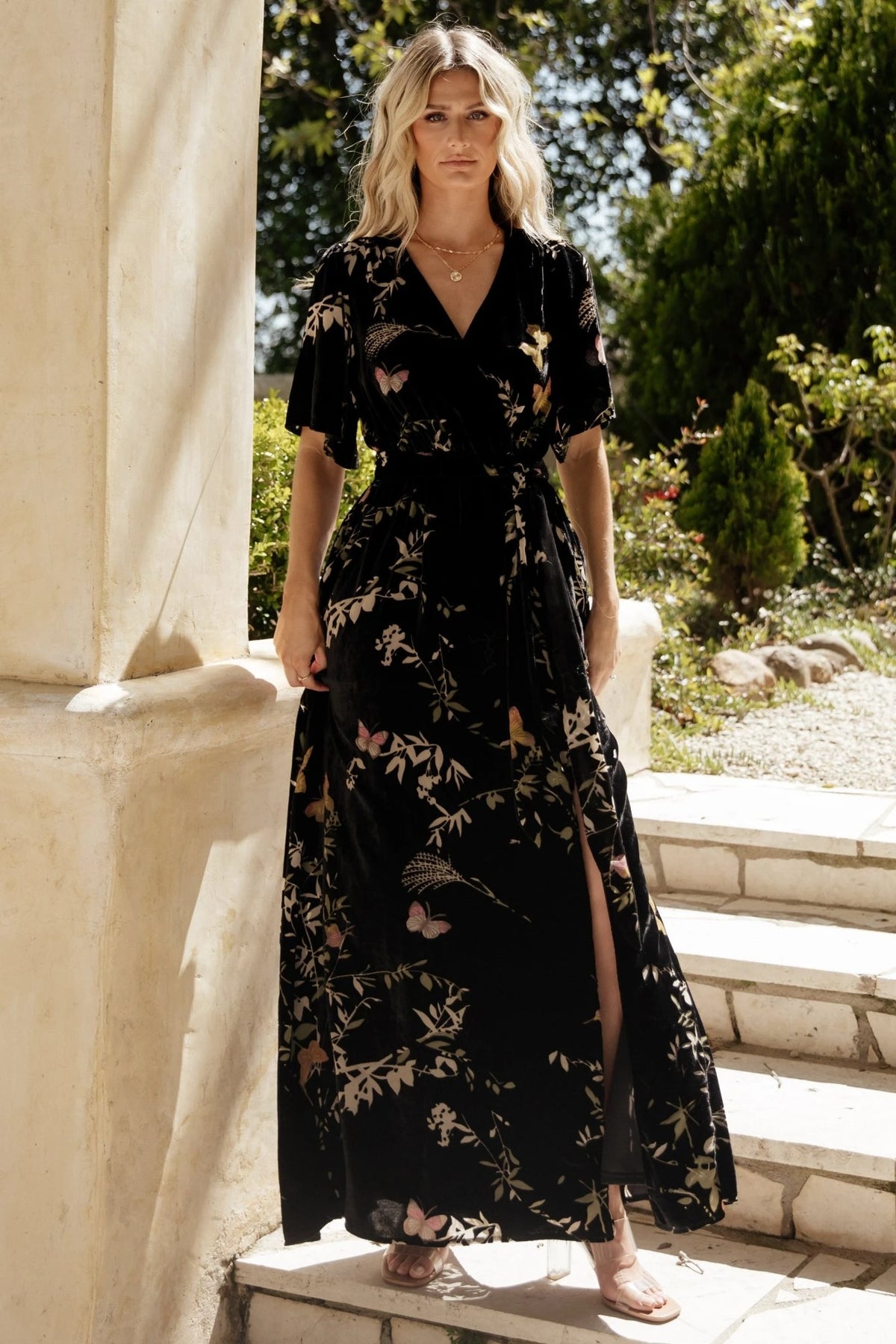 Uma Velvet Maxi Dress | Black Butterfly Print