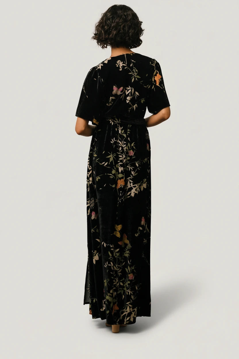 Uma Velvet Maxi Dress | Black Butterfly Print