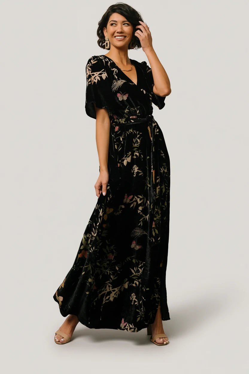 Uma Velvet Maxi Dress | Black Butterfly Print