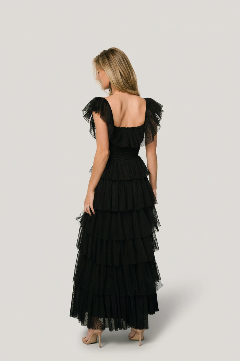 Valora Swiss Dot Tulle Maxi Dress | Black