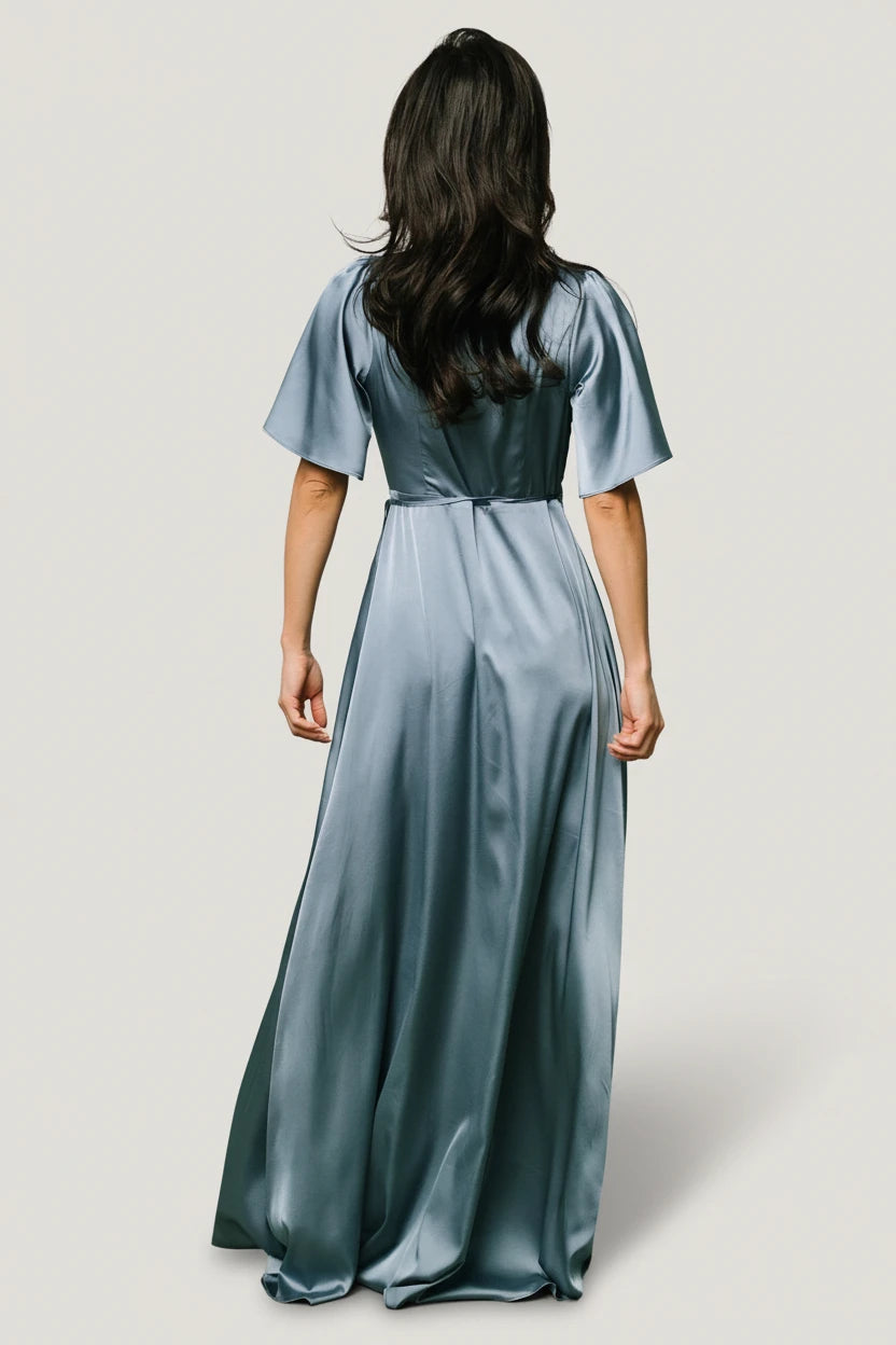Vara Satin Maxi Wrap Dress | Dusty Blue