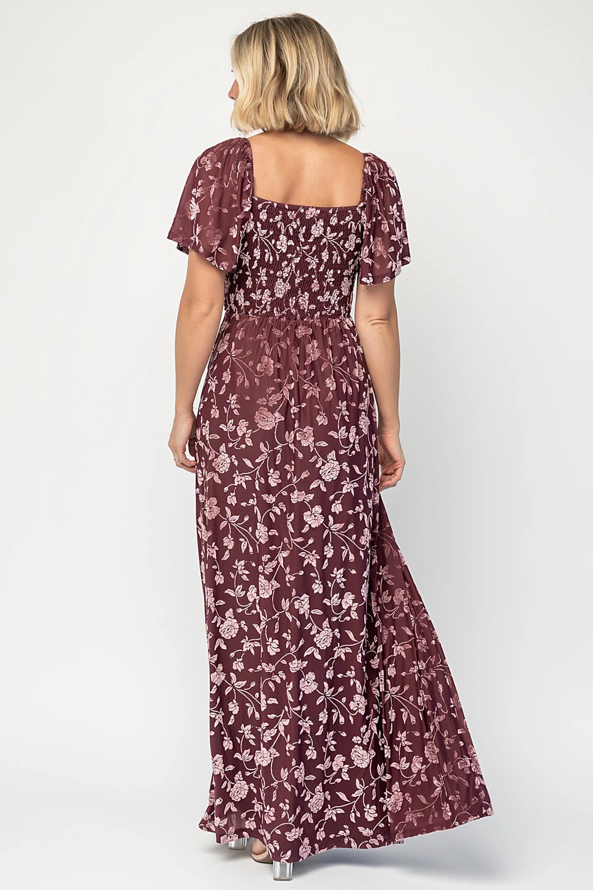 Veloura Maxi Dress in Mulberry Floral with sweetheart neckline, flutter sleeves, ruched bust, smocked back, and velvet florals.