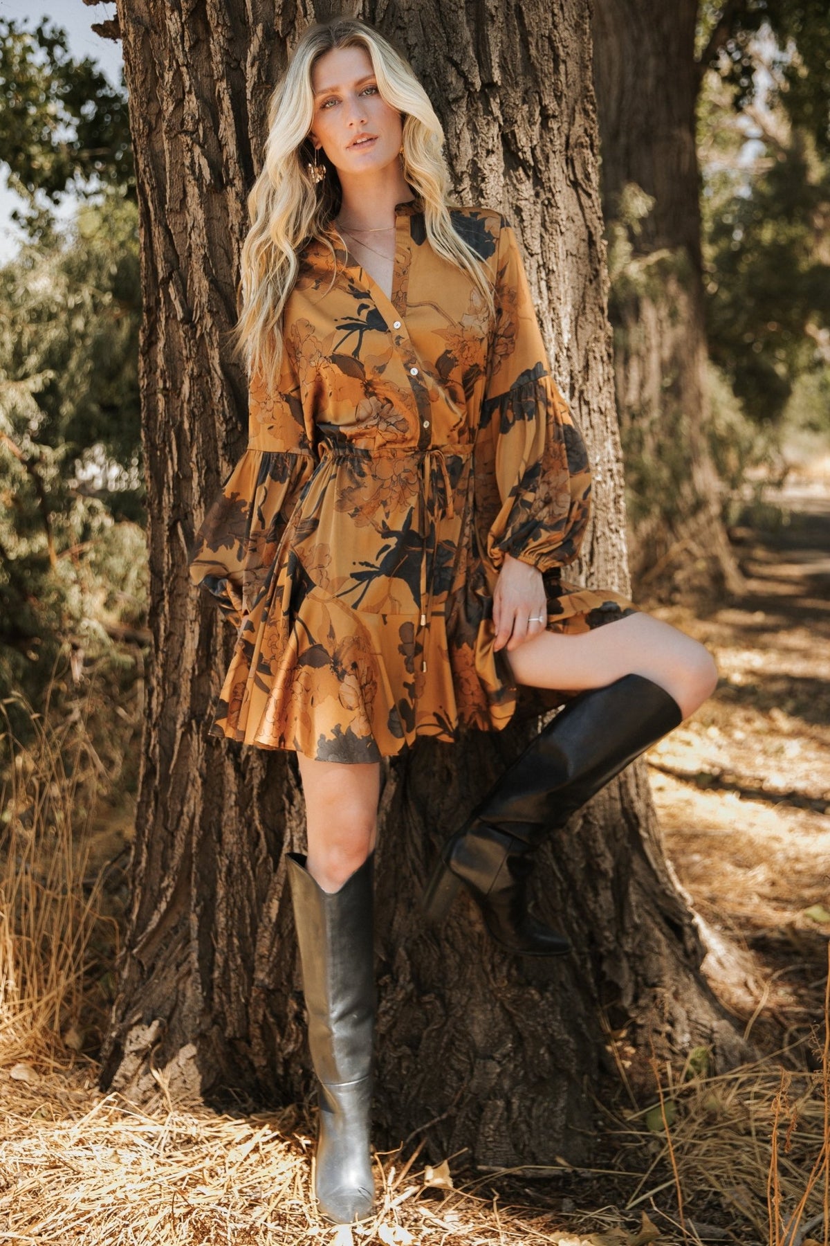 Venice Short Dress in Deep Gold Floral with mandarin collar, button front, puff sleeves, drawstring waist, and ruffle hem.