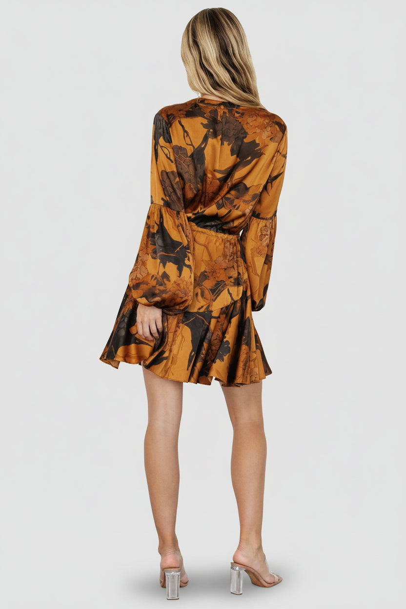 Venice Short Dress in Deep Gold Floral with mandarin collar, button front, puff sleeves, drawstring waist, and ruffle hem.