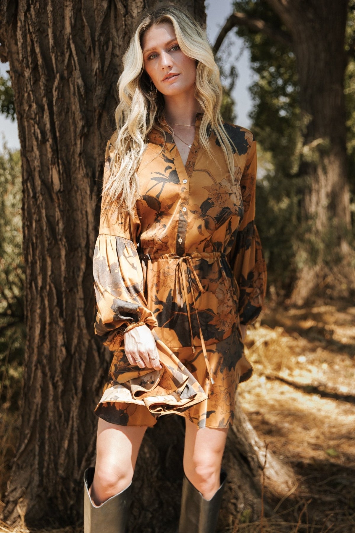 Venice Short Dress in Deep Gold Floral with mandarin collar, button front, puff sleeves, drawstring waist, and ruffle hem.