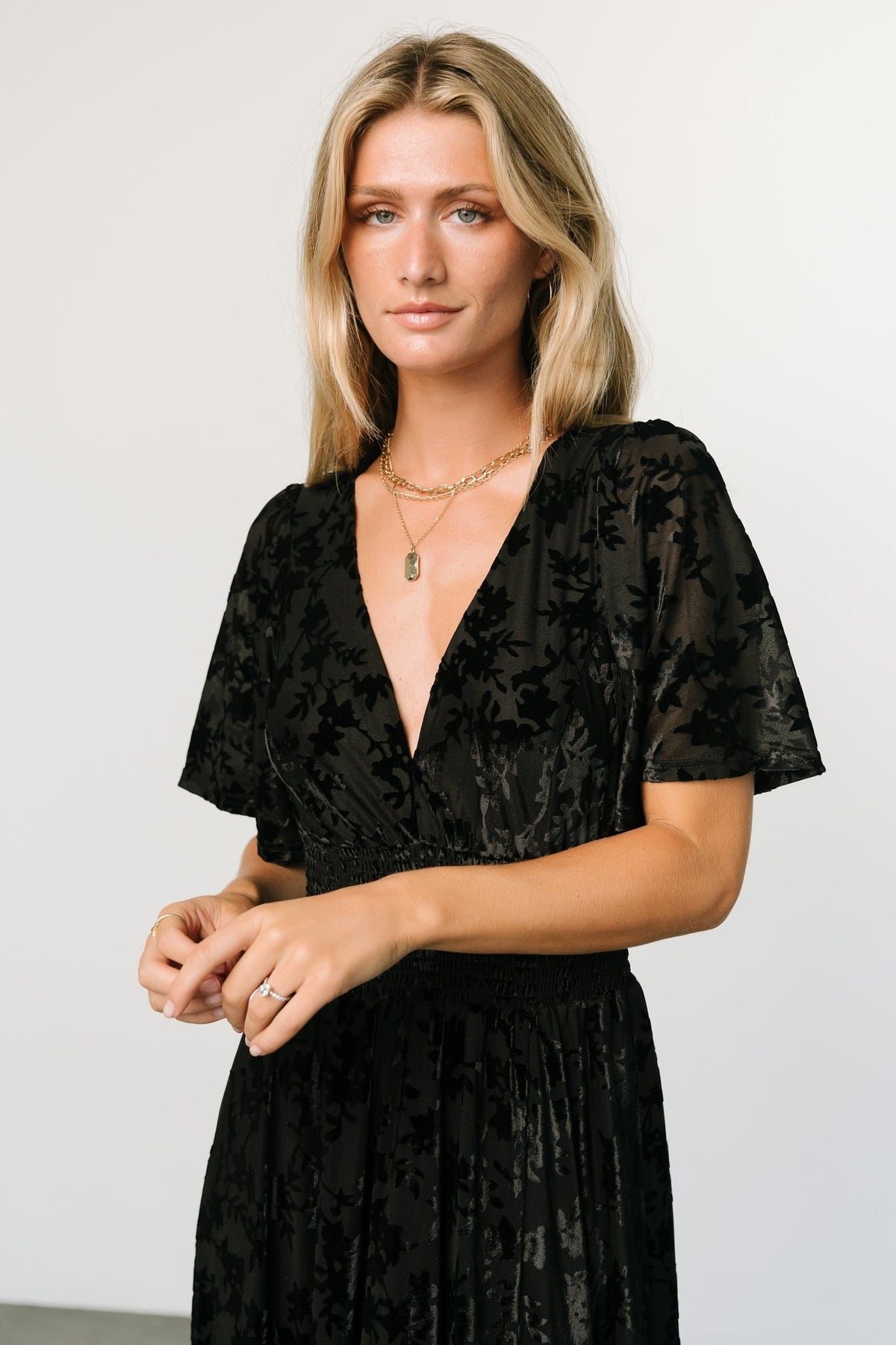 Close-up of Veronica Velvet Maxi Dress black fabric and bodice showing embossed velvet detail, smocking, and V-neck finish.