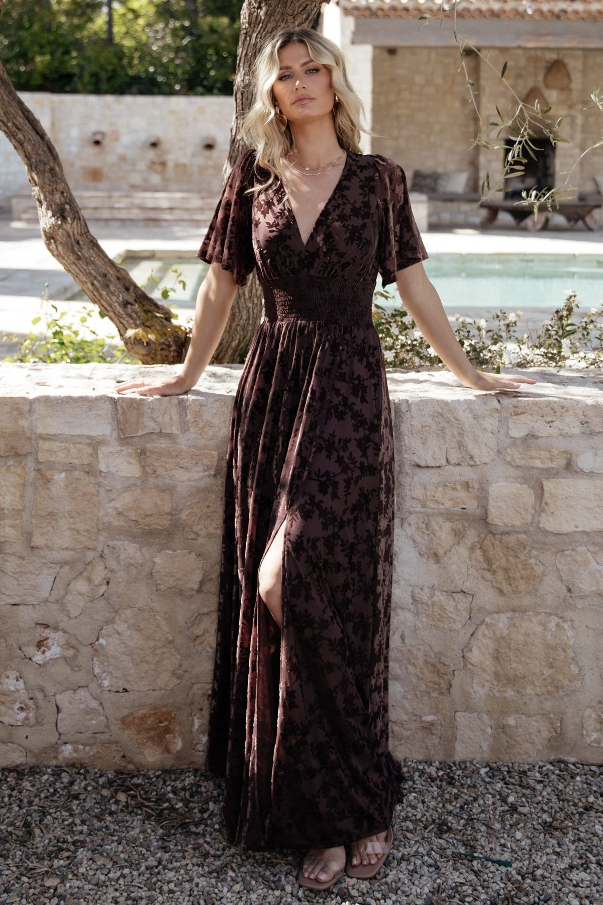Detail shot of the smocked waist and embossed velvet texture on the Veronica Maxi Dress in espresso, emphasizing stretch and finish.