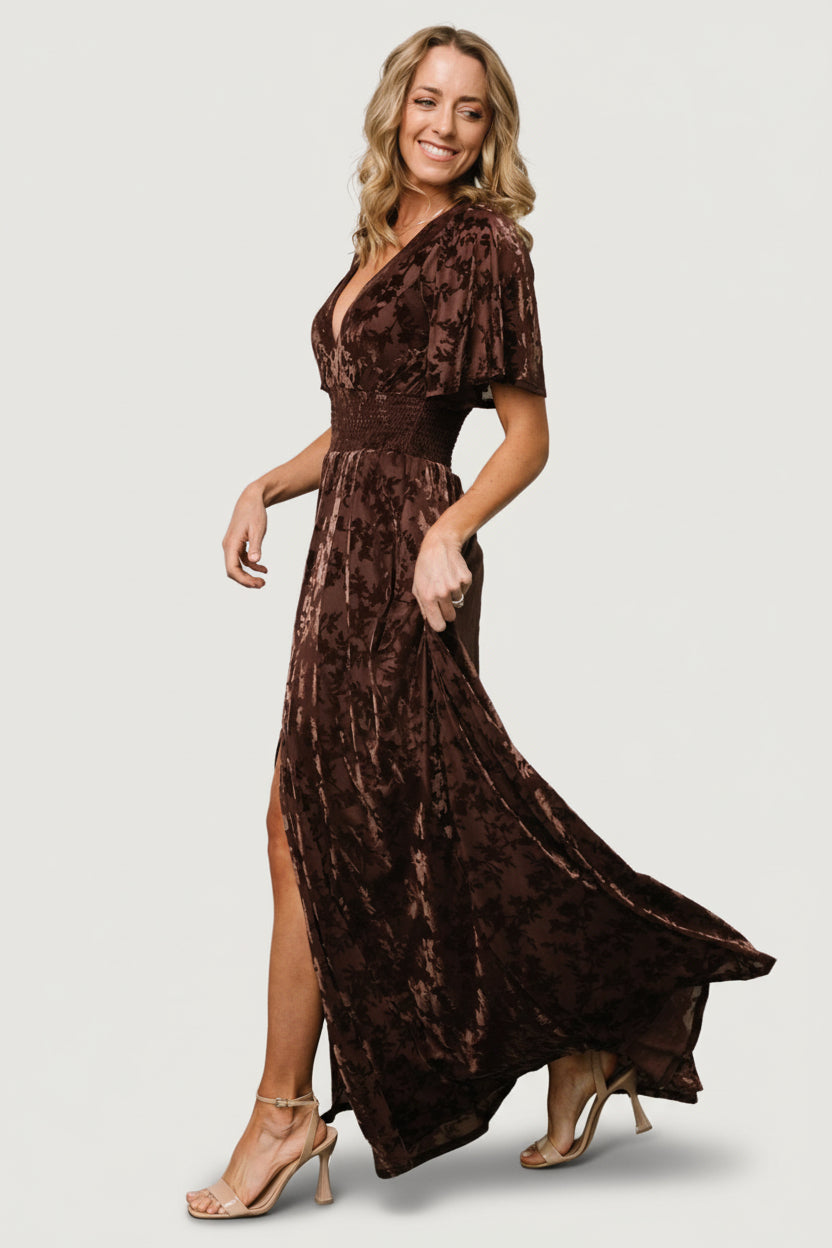 Flat-lay and fabric close-up of Veronica Velvet Maxi Dress in espresso highlighting embossed velvet pattern and construction details.