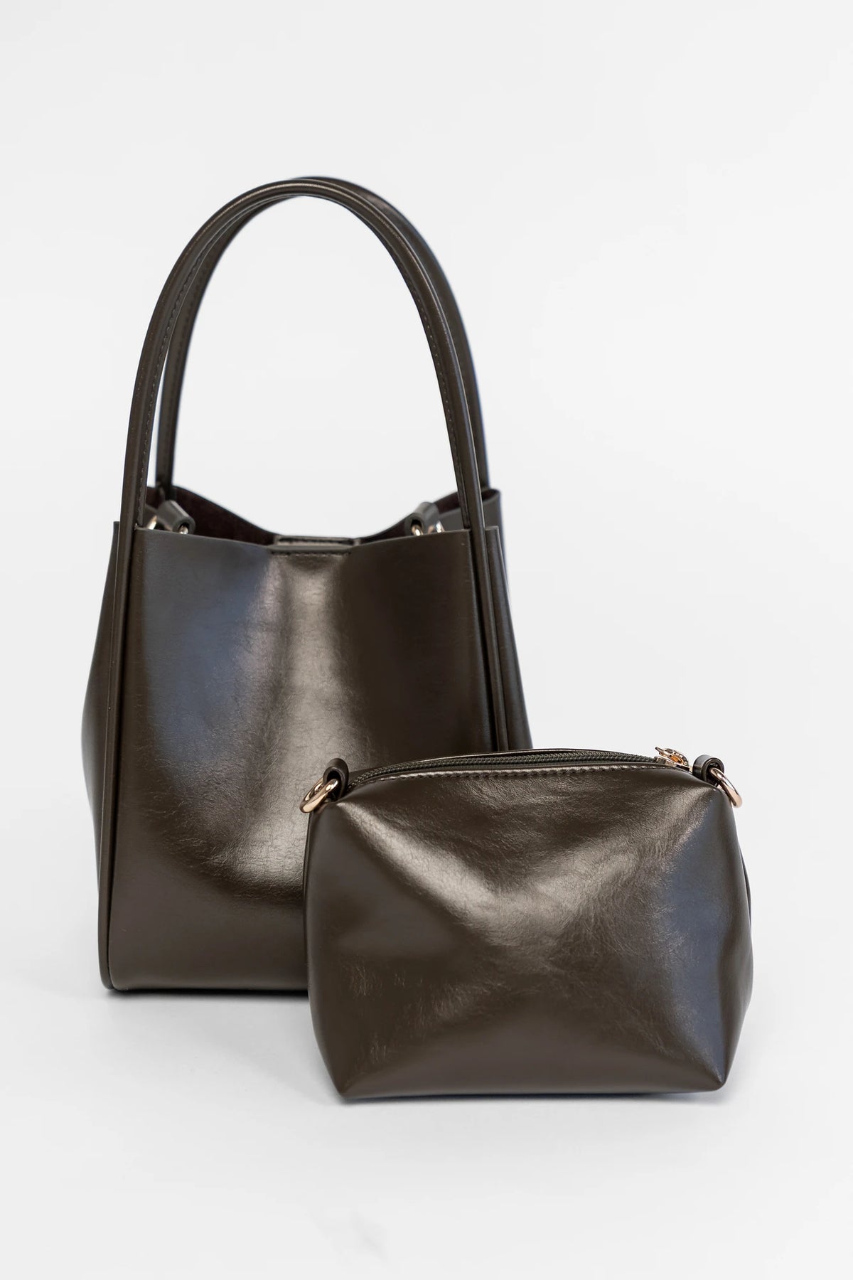 Vivaldi Mini Tote Bag in Olive Charcoal with structured silhouette, top handles, and gold-tone hardware.