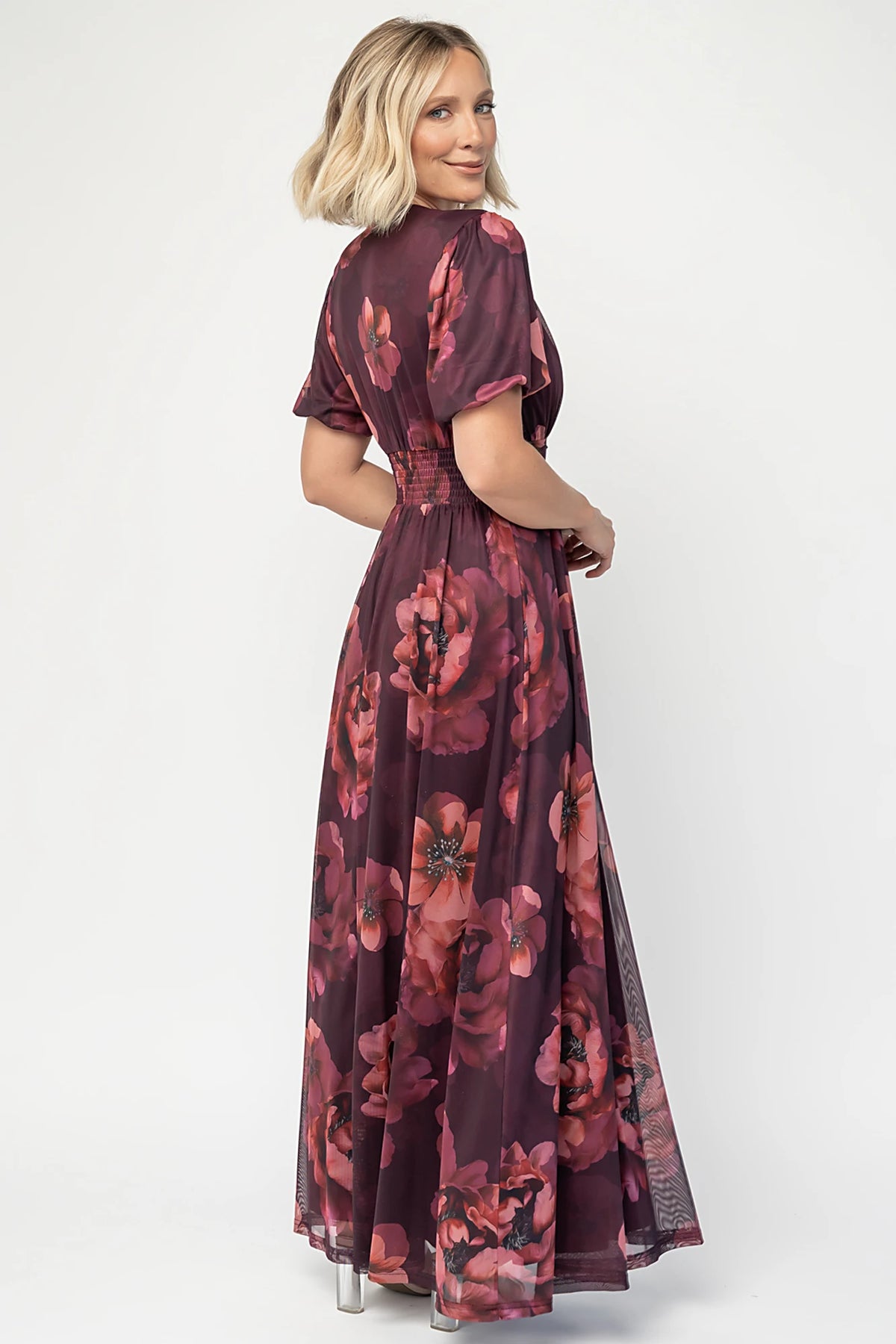 Whitney Mesh Maxi Dress in Deep Berry Floral with deep V-neck, short sleeves, empire waist, and flowing skirt.