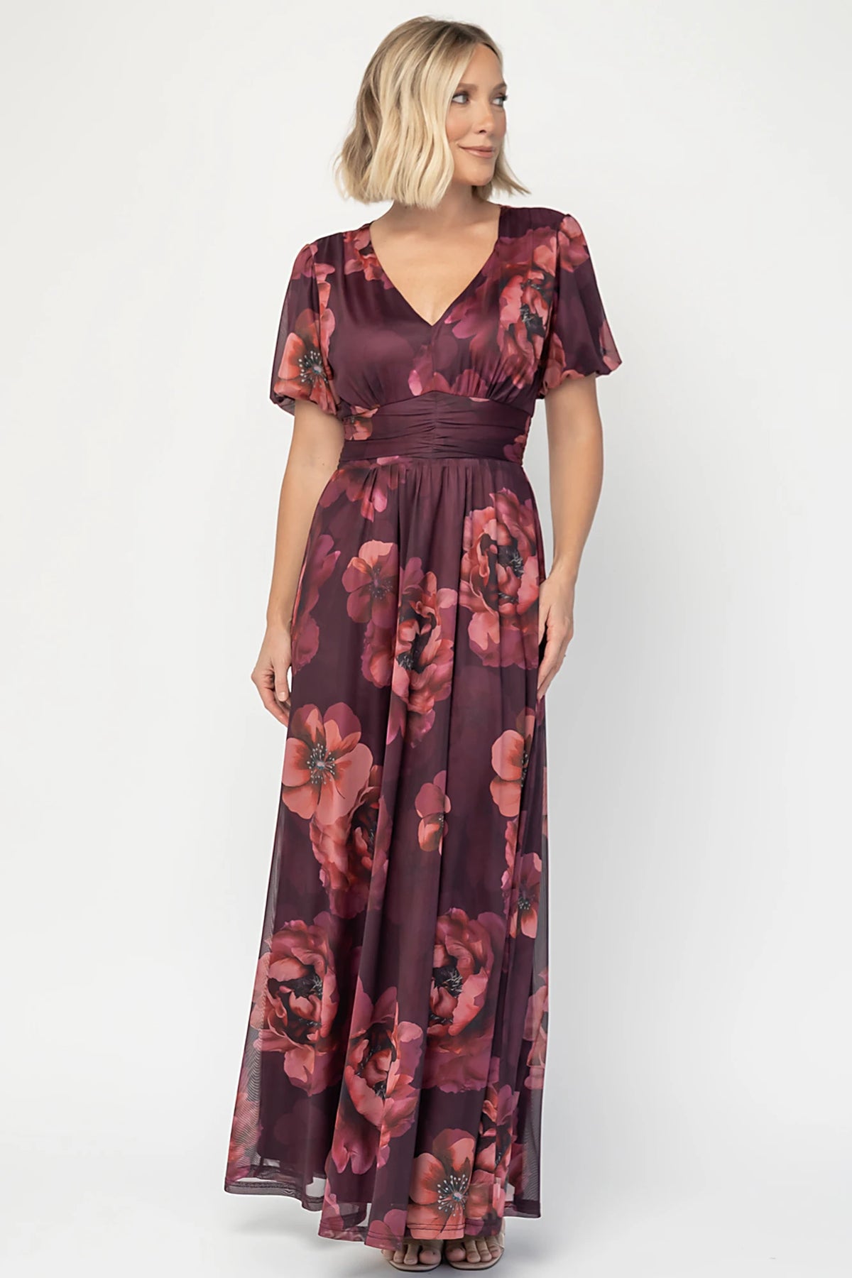 Whitney Mesh Maxi Dress in Deep Berry Floral with deep V-neck, short sleeves, empire waist, and flowing skirt.