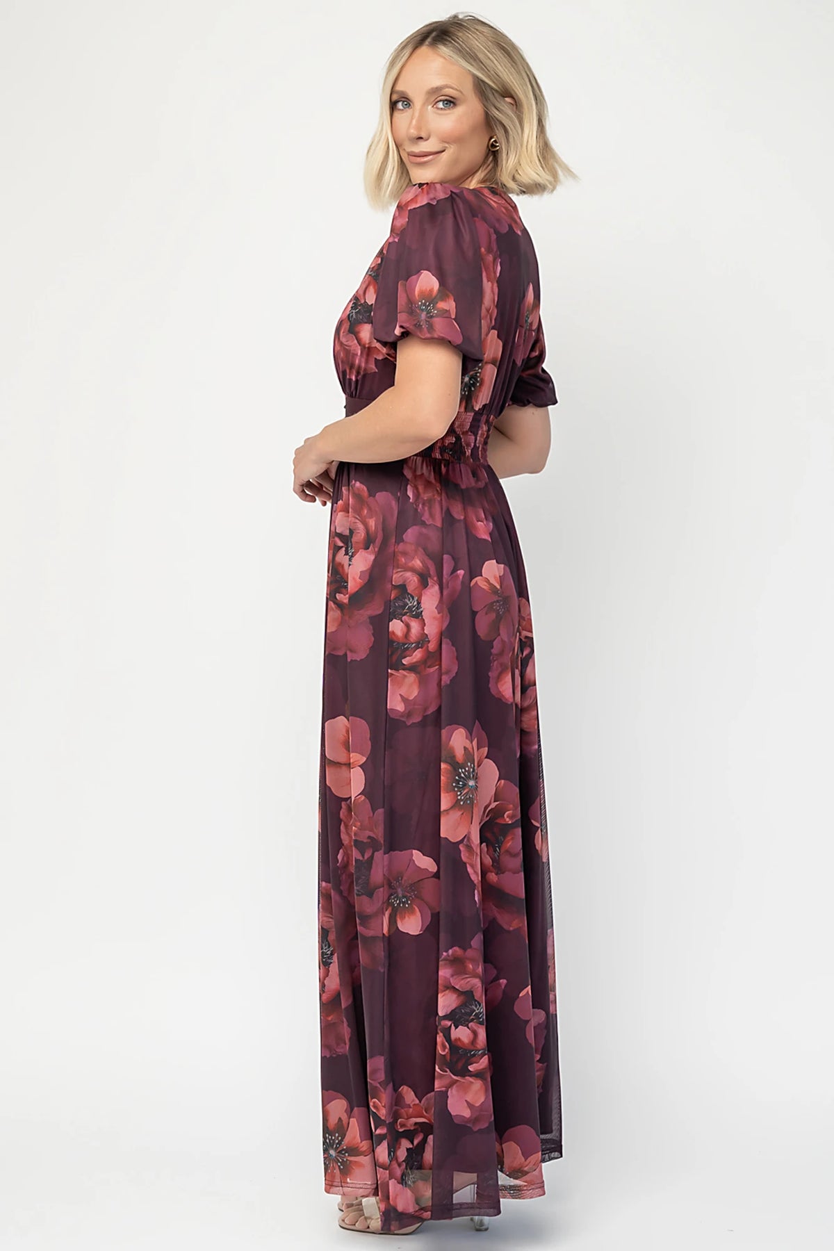 Whitney Mesh Maxi Dress in Deep Berry Floral with deep V-neck, short sleeves, empire waist, and flowing skirt.