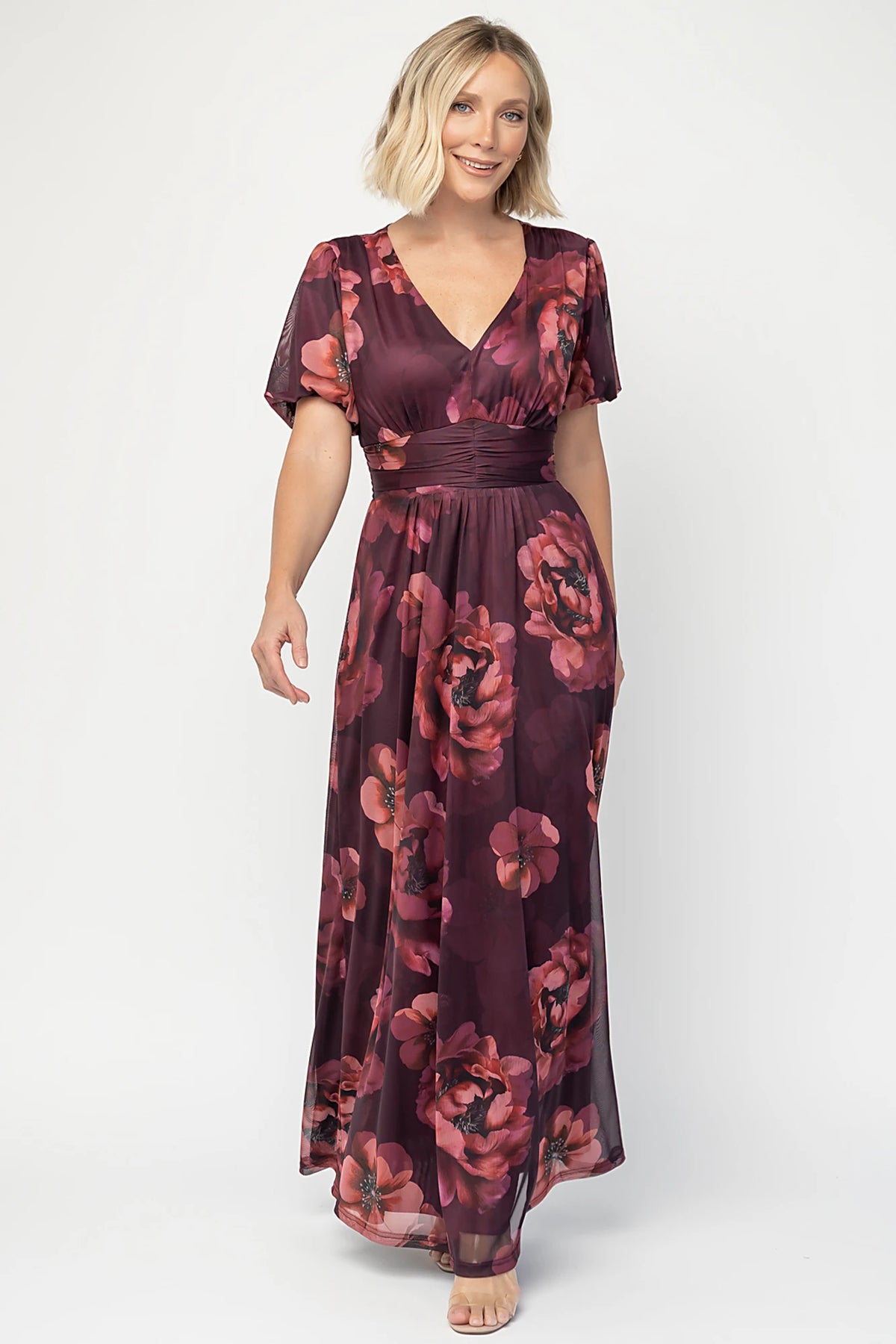 Whitney Mesh Maxi Dress in Deep Berry Floral with deep V-neck, short sleeves, empire waist, and flowing skirt.