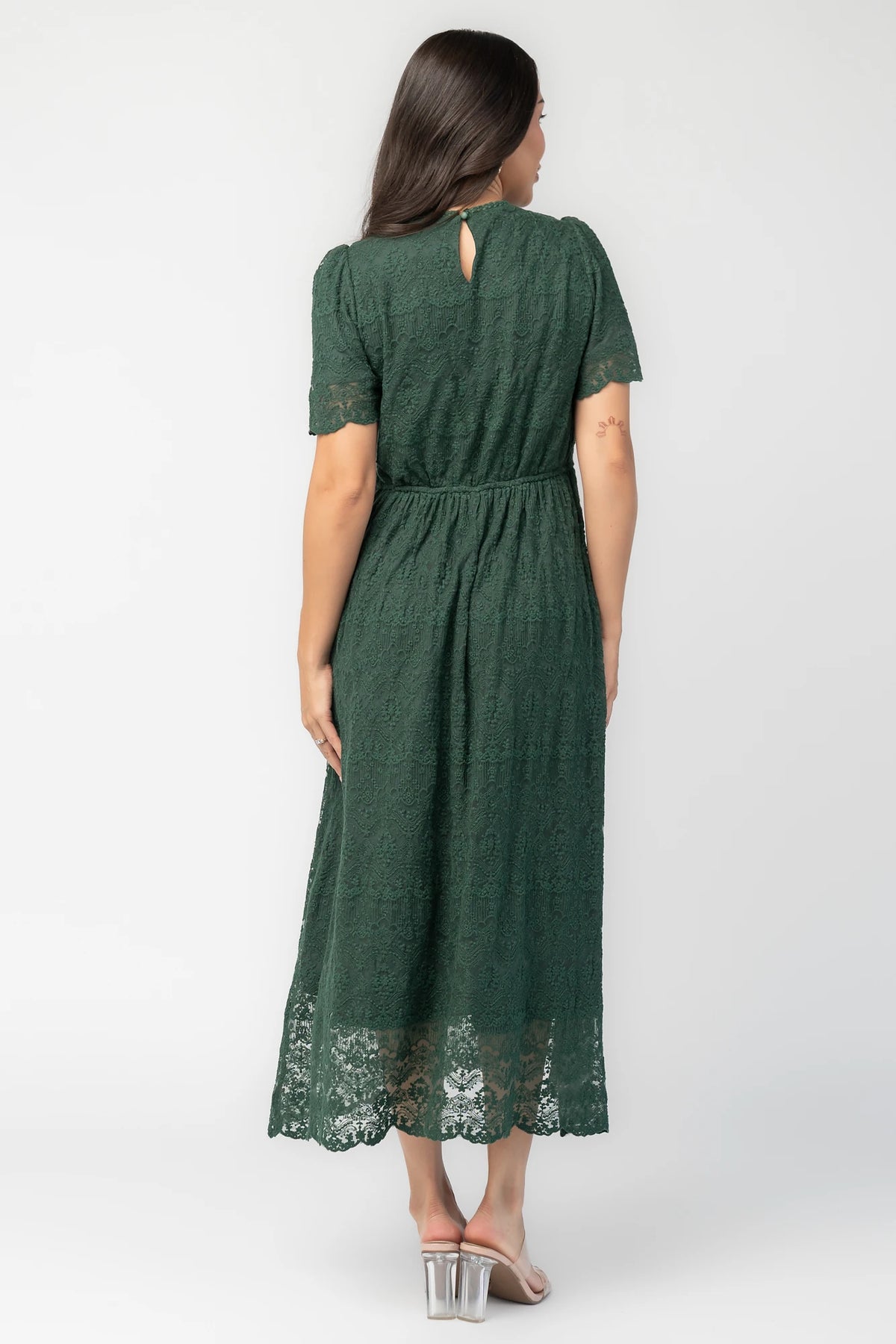Yvaine Lace Midi Dress in Emerald with embroidered lace, scalloped neckline, short sleeves, and scalloped hem.