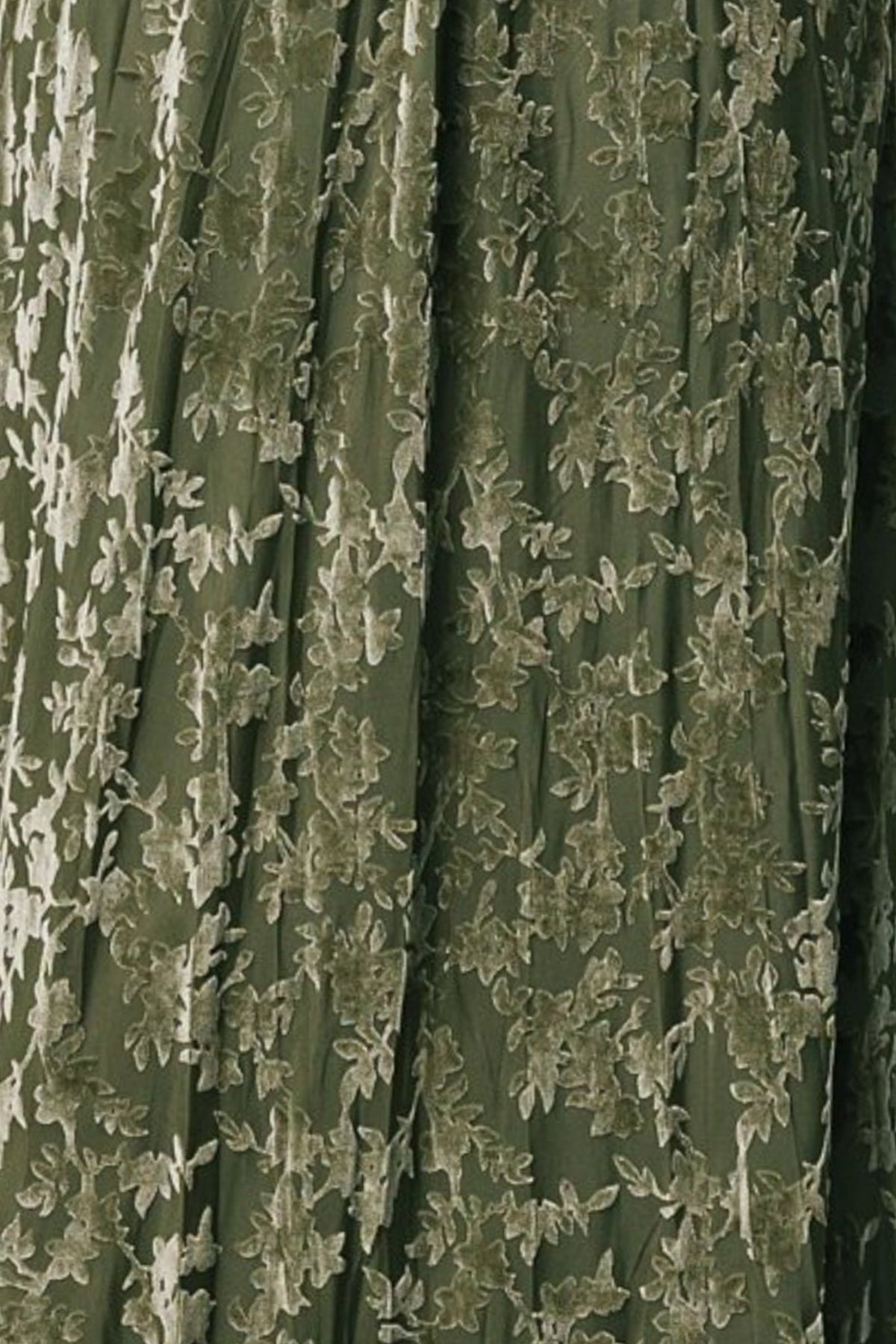 Close-up of Everley Velvet fabric swatch in Dark Sage showing embossed velvet floral texture on a sheer mesh base, 3 by 4 inch sample for color matching.