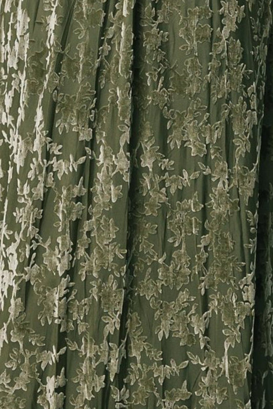 Close-up of Everley Velvet fabric swatch in Dark Sage showing embossed velvet floral texture on a sheer mesh base, 3 by 4 inch sample for color matching.