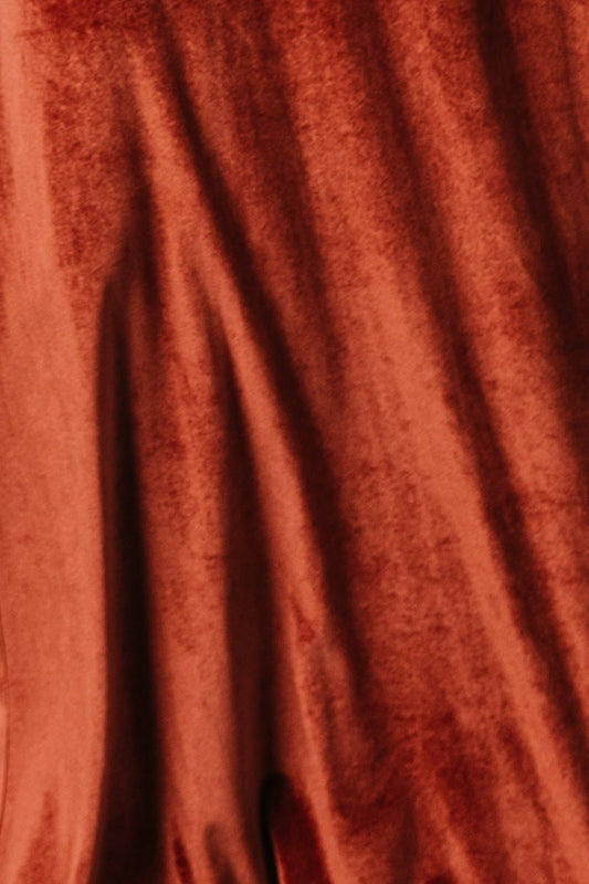 Terracotta Meghan velvet fabric swatch, mid-weight pile with slight stretch; 3x4 in color sample for matching.
