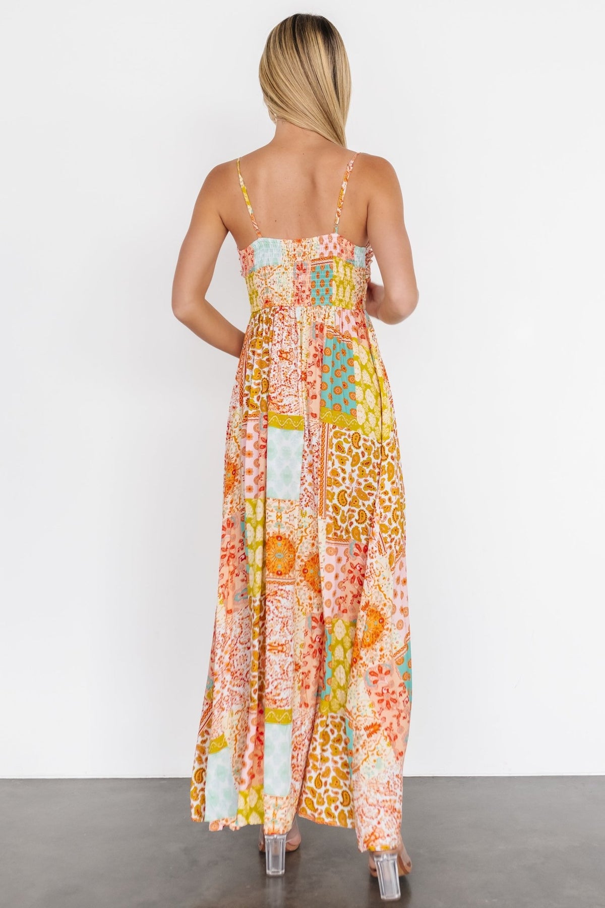 Side view of Kamari Tank Maxi Dress showing smocked back panel, adjustable straps and the dress’s airy silhouette.