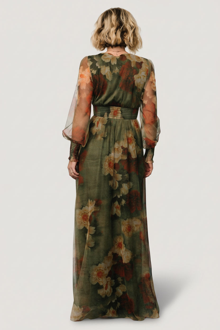 Side view of Layla Tulle Maxi Dress in Olive + Rust focusing on flowing skirt, raw hem and gentle tulle drape.