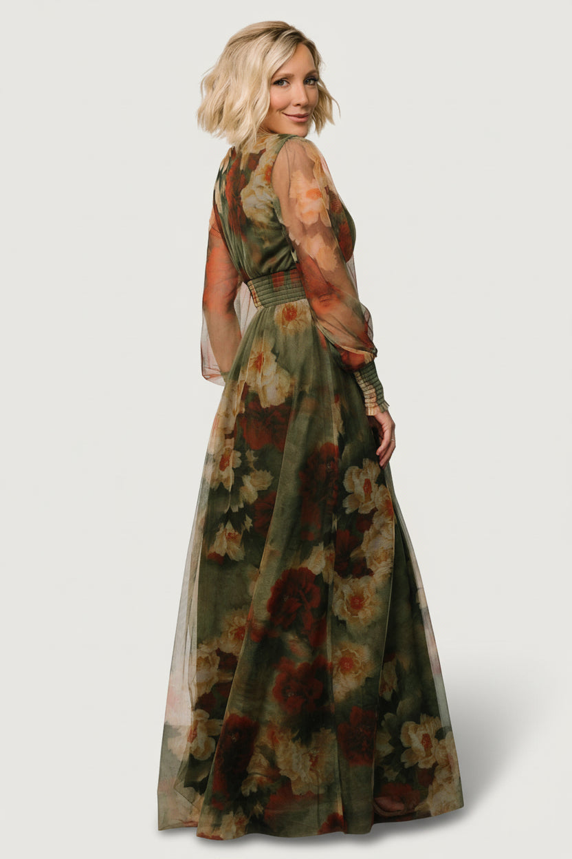 Front view of Layla Tulle Maxi Dress in Olive + Rust showing floral overlay, deep V-neckline, smocked waist and ankle-grazing hem.