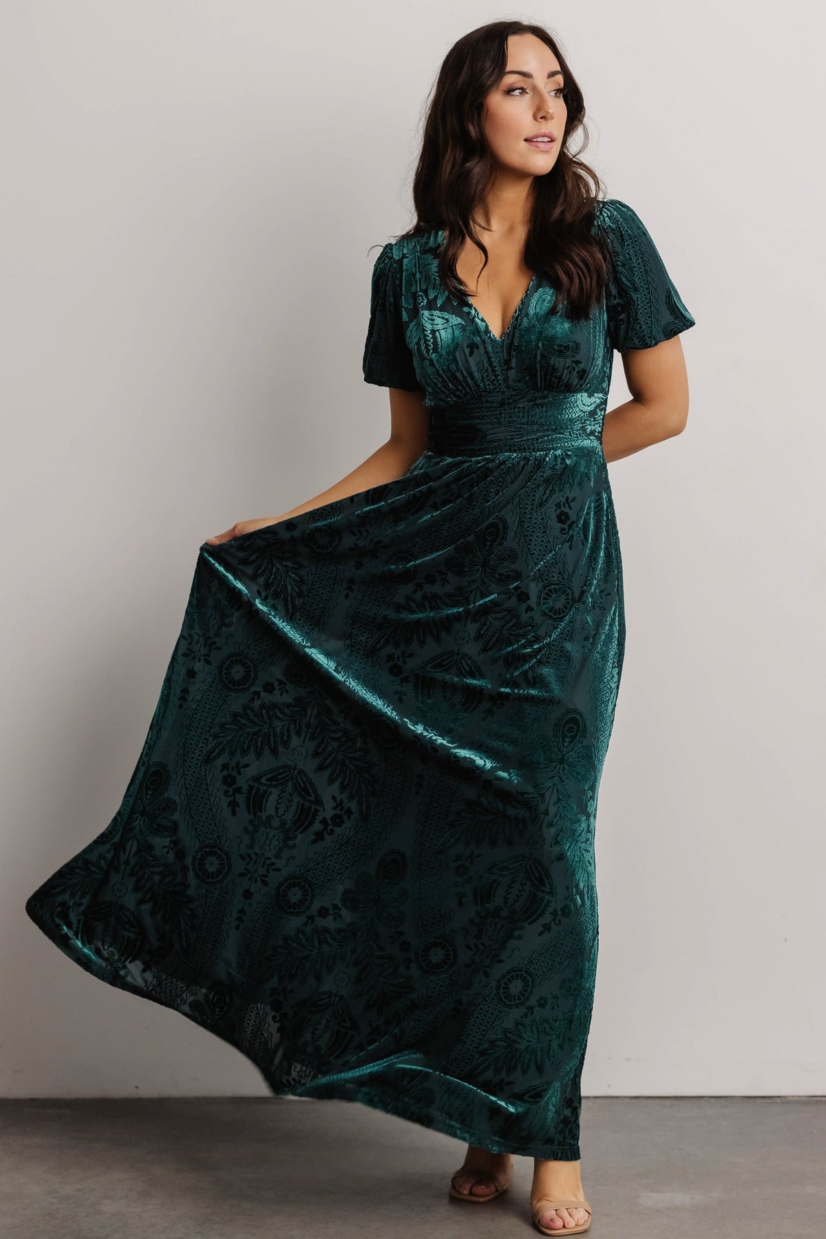 Back view of the embossed velvet maxi dress showing full lining, smooth back seam, and skirt flow to the hem.