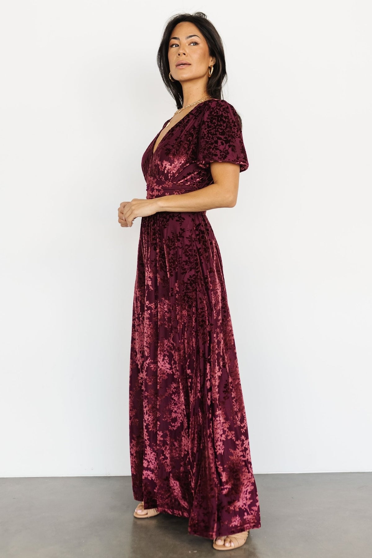 Studio shot of the Mulberry floral velvet maxi dress on a mannequin highlighting silhouette, hemline and fabric texture.