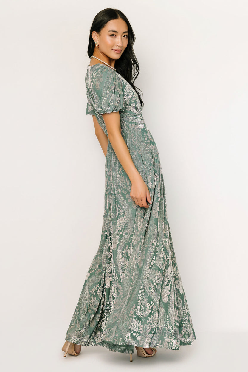Close-up of the short puff sleeve and elastic cuff detail on the Leslie Velvet Maxi Dress in Sage + Silver.