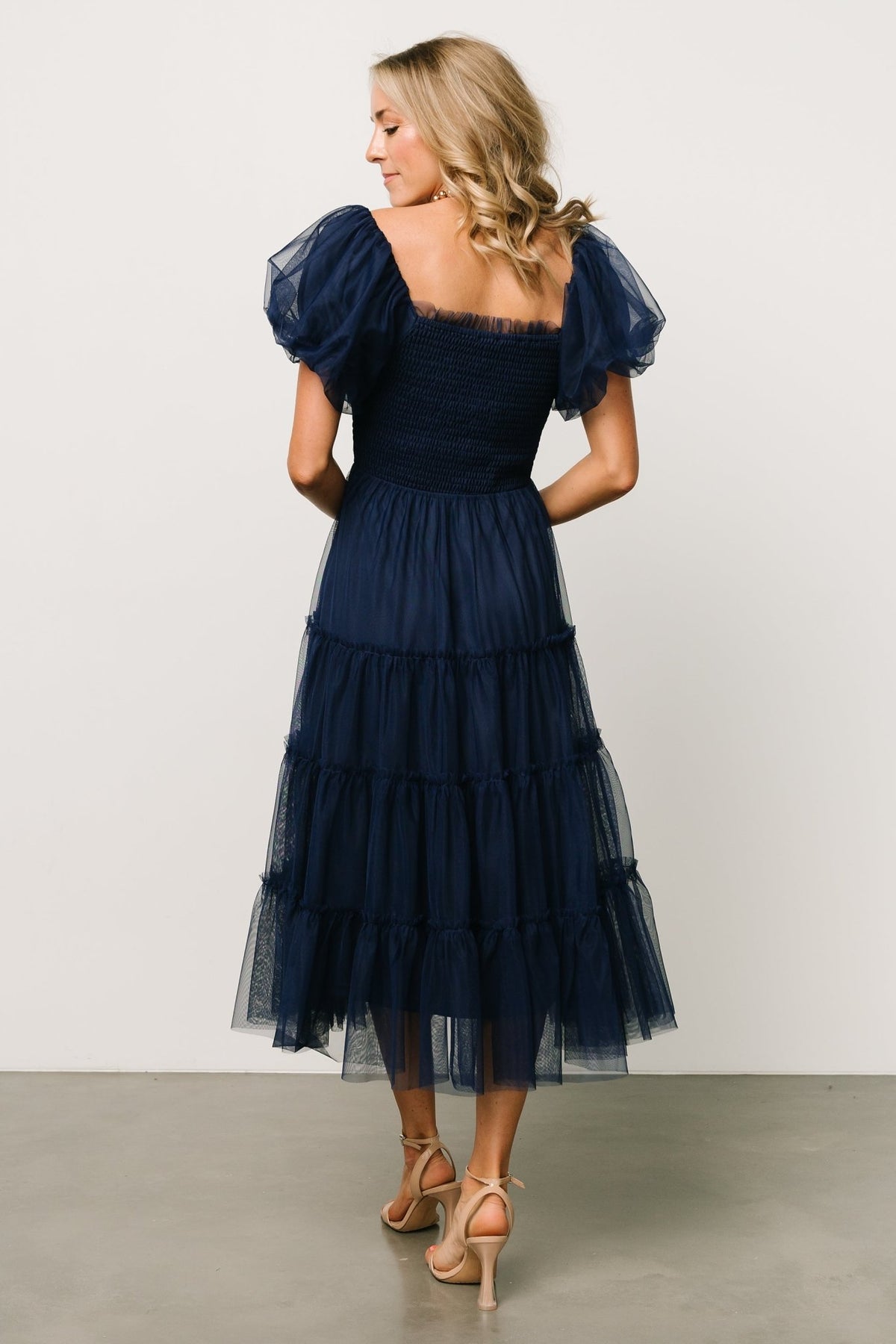 Detail shot of lined ruffle puff sleeve on the navy Liv tulle midi dress, showing sleeve shape and layered tulle.