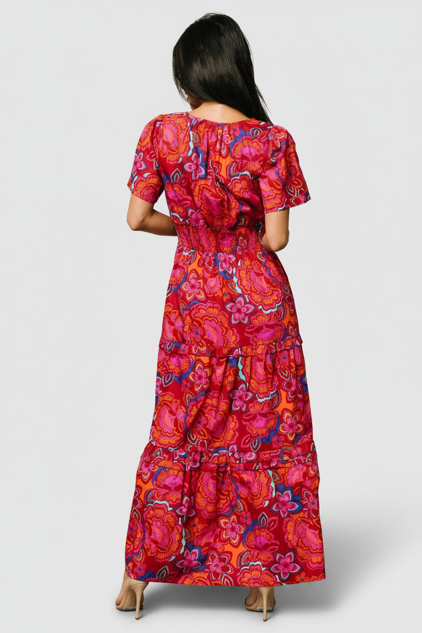 Model wearing Palmer Tiered Maxi Dress full-length to show fit, proportion, and movement of ruffled tiers in the multi floral colorway.