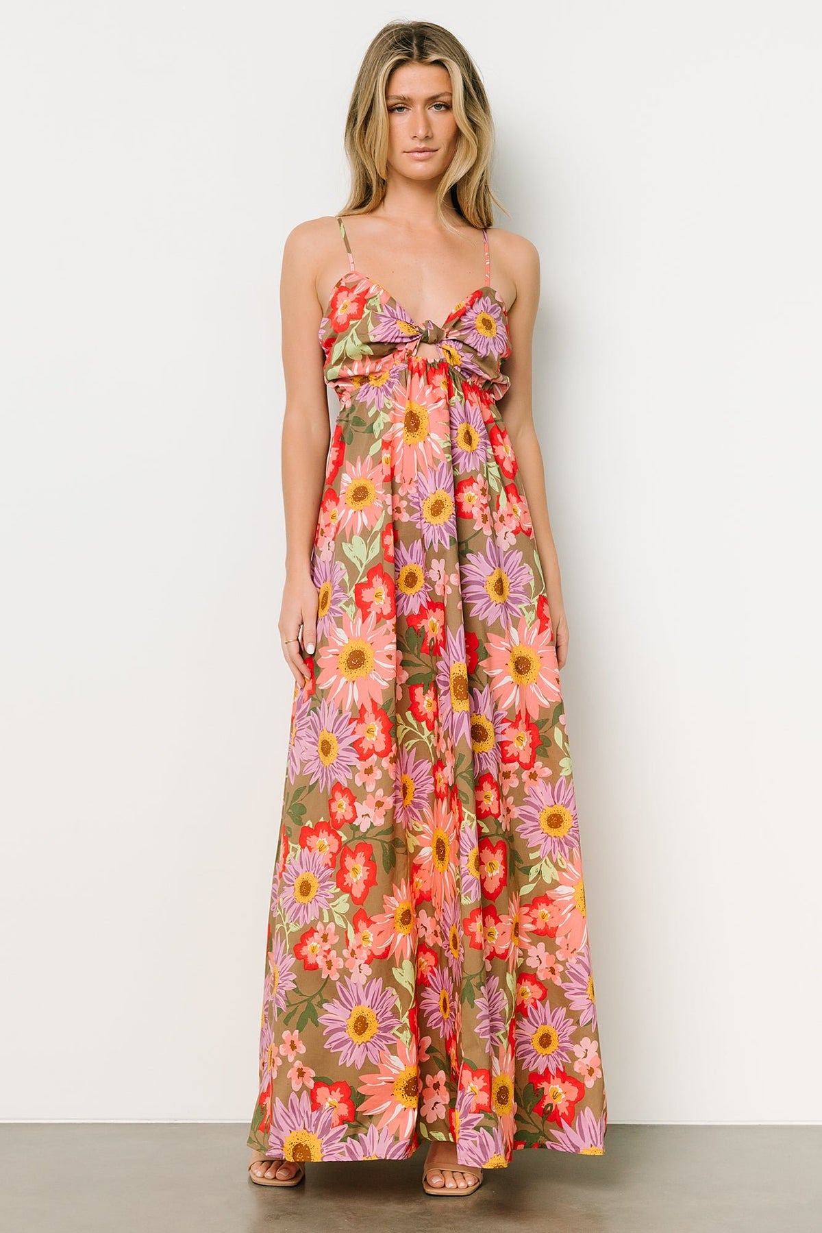 Rosalee maxi dress in multicolor floral print, front view showing sweetheart neckline, center knot and adjustable spaghetti straps.