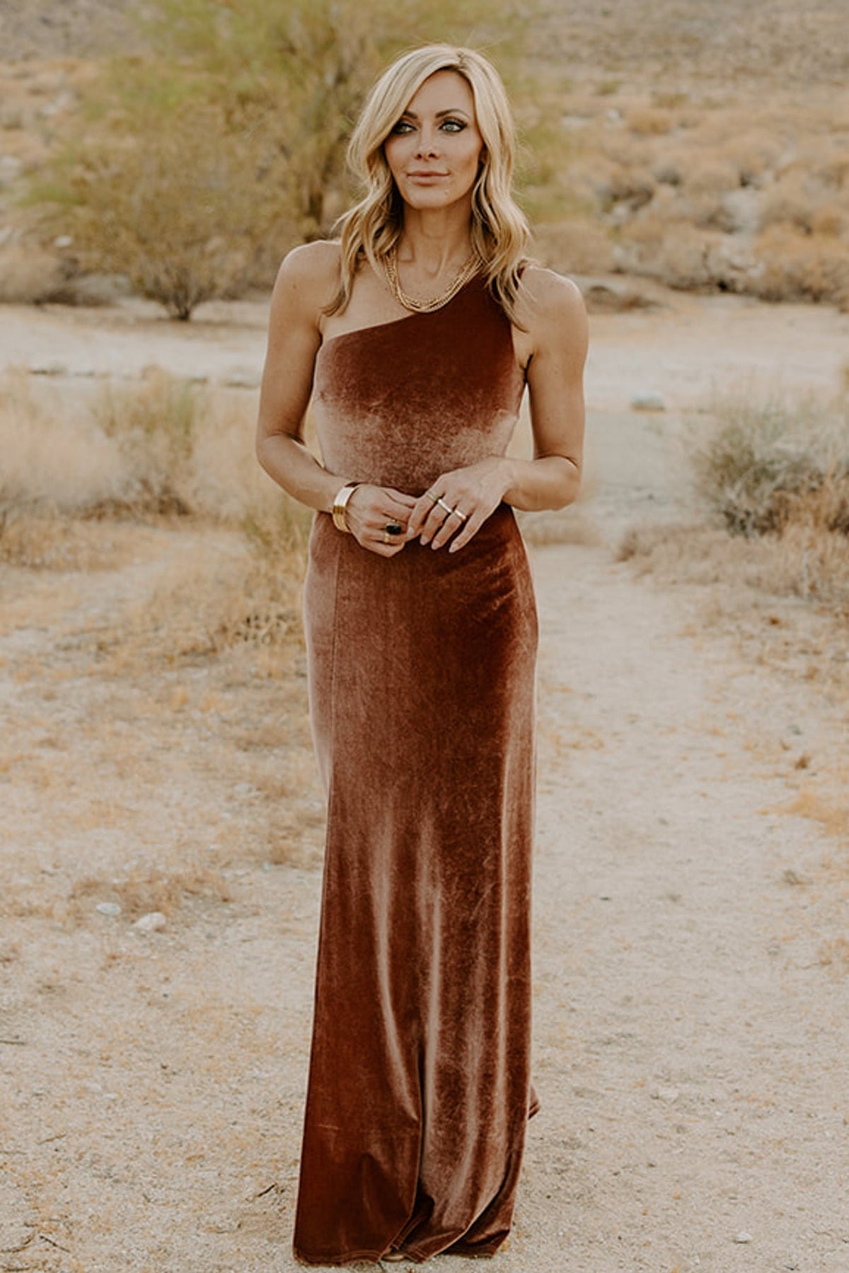 Front view of bronze velvet one-shoulder maxi dress on model, fitted bodice and asymmetrical neckline, floor-length hem and subtle flare.